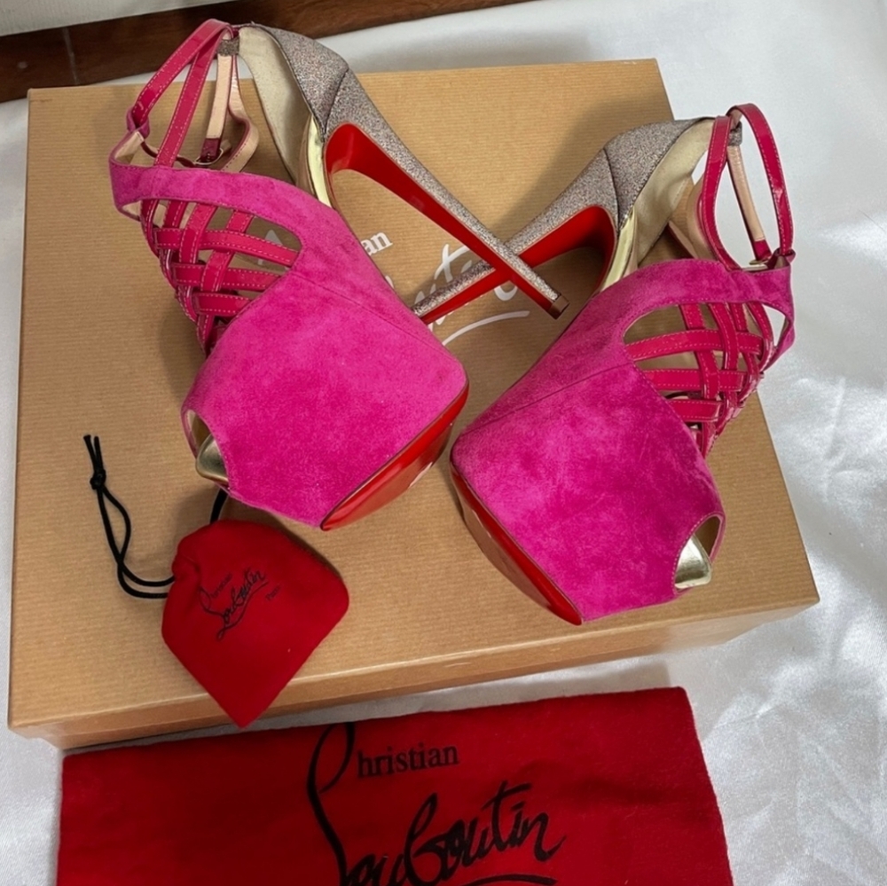 Christian Louboutin Pink Suede Platform Heels (Size 7 US)